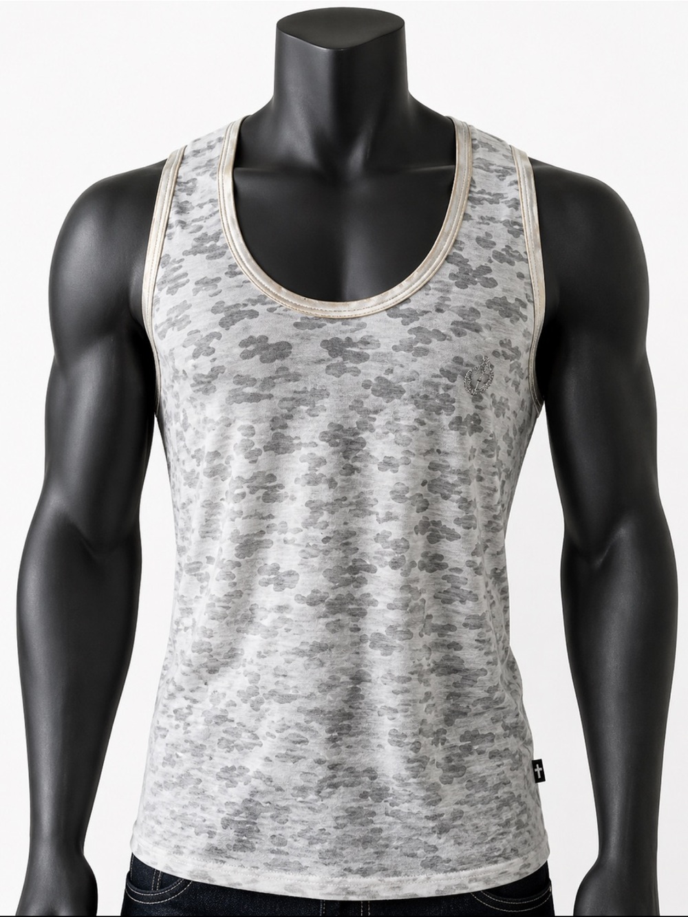 Andrew Christian Men’s Sheer Gray Camo Tank Top Metallic Trim Approx M/L